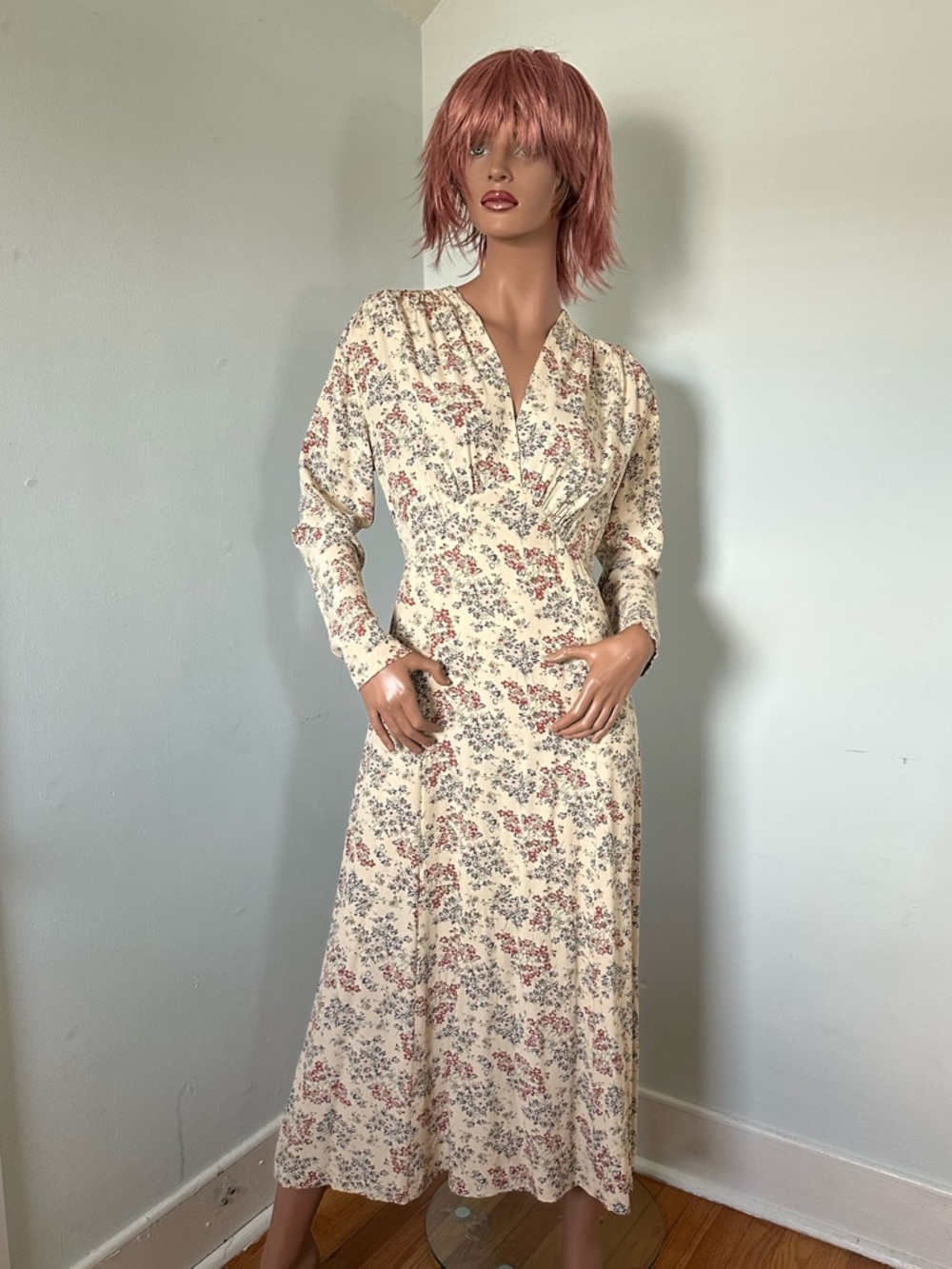 Tweeds Cream Floral Rayon Long-Sleeve Maxi Dress